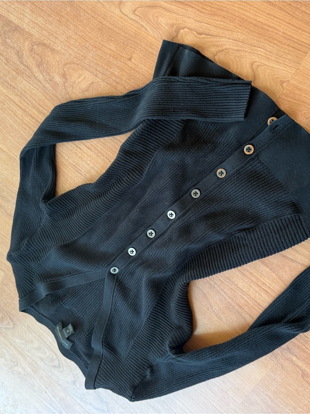 Black Ribbed Button-Front Women’s Sweater - Picture 2 of 3